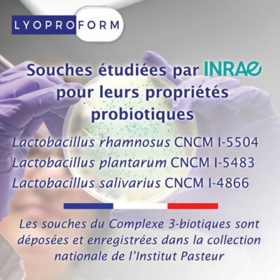 lactobacilos y probióticos naturales estudiados por el INRAe.
Lactobacillus rhamnosus CNCM I 5504, lactobacillus plantarum CNCM I 5483 y lactobacillus salivarius CNCM I 4866.