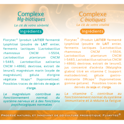 Complementos alimenticios que combinan probióticos e ingredientes con beneficios reconocidos: Acerola rica en vitamina C y magnesio marino. Acción antifatiga y antiestrés, favorece el equilibrio de la flora intestinal.